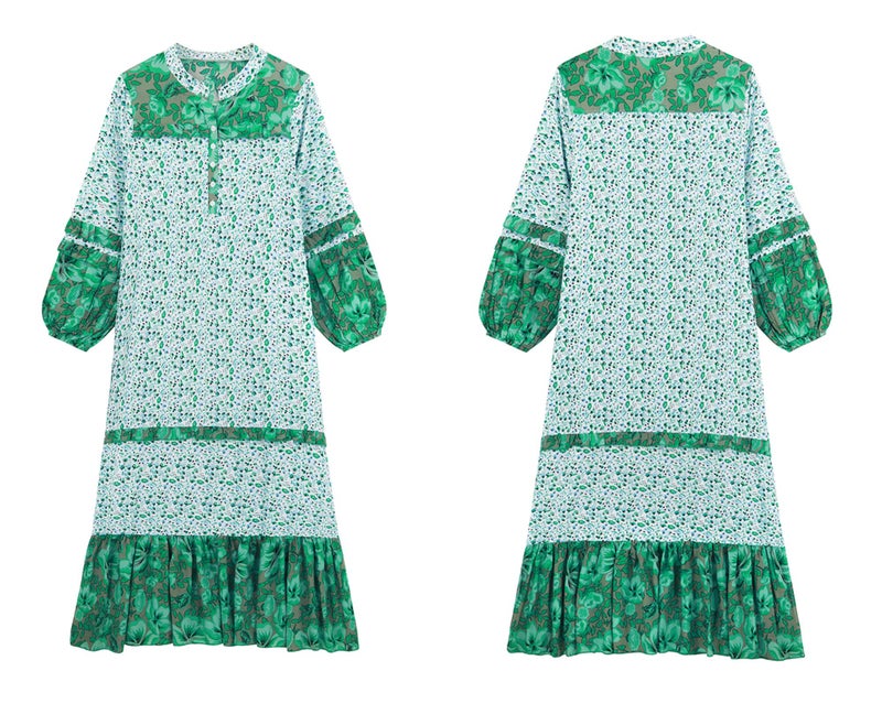 R.Vivimos Women's Long Sleeve Floral Print Bohemian Maxi Dresses with Slit (XL, Green) - Image 3